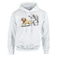 Load image into Gallery viewer, White - Dog Stealing Bone Halloween hoodie, plain front view on white
