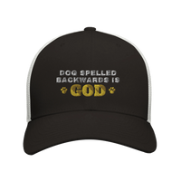 Load image into Gallery viewer, Black/White - Dog Spelled Backwards Is God trucker hat, front view on white
