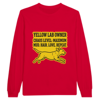 Load image into Gallery viewer, Red - Yellow Lab Chaos Level long sleeve tee, plain front view on white
