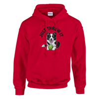 Load image into Gallery viewer, Red - Just Throw It Border Collie hoodie, plain front view on white
