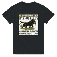 Load image into Gallery viewer, Black - My Hunting Partner Has Four Legs tee, plain front view on white
