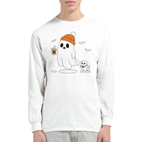 Load image into Gallery viewer, White - Ghost Walking Ghost Dog long sleeve tee, worn by a model, plain light background
