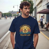 Load image into Gallery viewer, Navy - Life Is Better With a Yellow Lab tee, worn by a man on a city sidewalk

