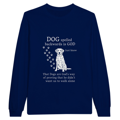 Navy - Dog Spelled Backwards Is God long sleeve tee, plain front view on white