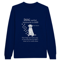 Load image into Gallery viewer, Navy - Dog Spelled Backwards Is God long sleeve tee, plain front view on white
