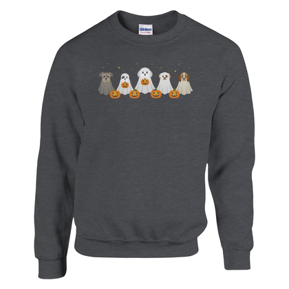 Dark Heather - Dog Ghost Halloween sweatshirt, plain front view on white