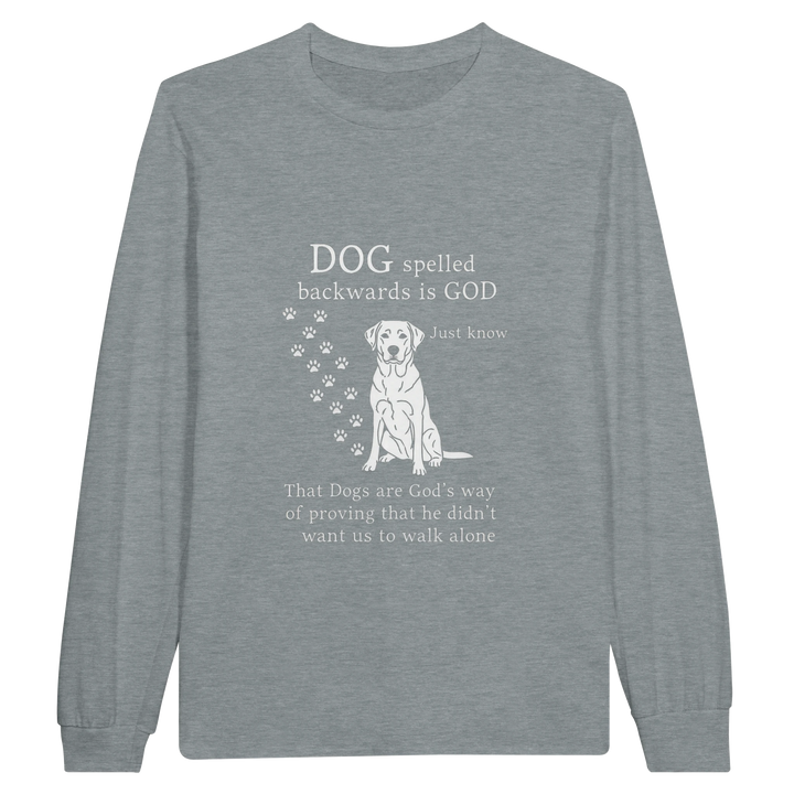 Sport Grey - Dog Spelled Backwards Is God long sleeve tee, plain front view on white