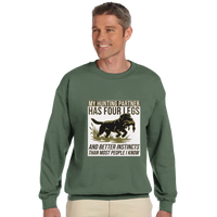 Load image into Gallery viewer, Military Green - My Hunting Partner Has Four Legs sweatshirt, worn by a smiling man, plain light background
