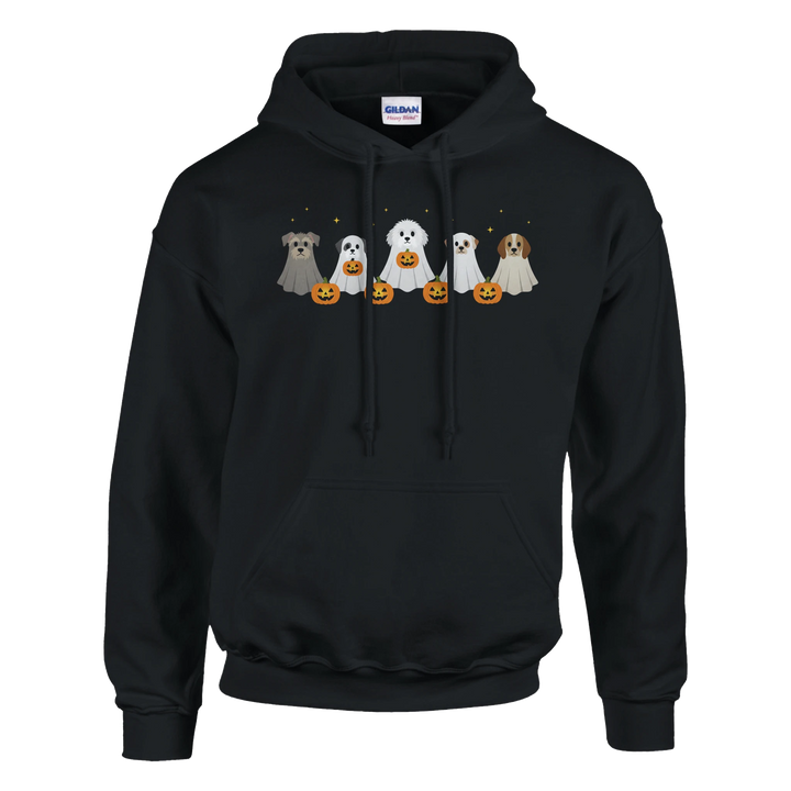 Black - Dog Ghost Halloween hoodie, plain front view on white