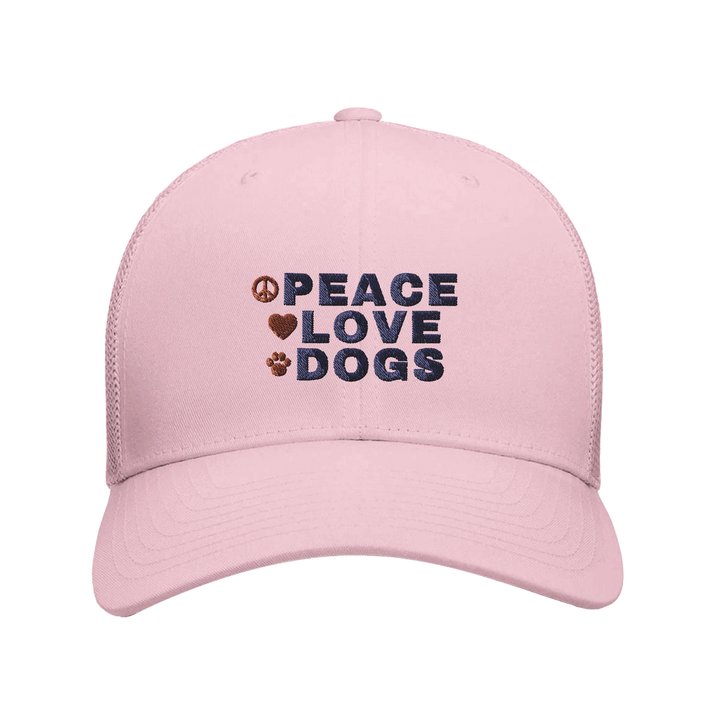 Pink - Peace Love Dogs trucker hat, front view on white