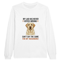 Load image into Gallery viewer, White - My Lab Never Voted Wrong long sleeve tee, plain front view on white
