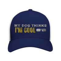 Load image into Gallery viewer, Navy/White - My Dog Thinks I'm Cool trucker hat, front view on white
