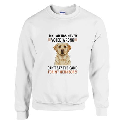White - My Lab Never Voted Wrong sweatshirt, plain front view on white