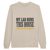 Load image into Gallery viewer, Sand - My Lab Runs This House long sleeve tee, plain front view on white
