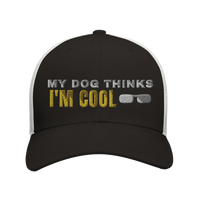 Load image into Gallery viewer, Black/White - My Dog Thinks I'm Cool trucker hat, front view on white
