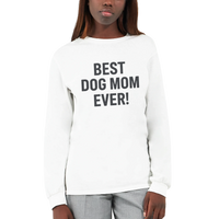 Load image into Gallery viewer, White - Best Dog Mom Ever long sleeve tee, worn by a woman, plain light background
