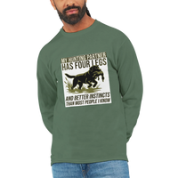 Load image into Gallery viewer, Military Green - My Hunting Partner Has Four Legs long sleeve tee, worn by a man, plain light background
