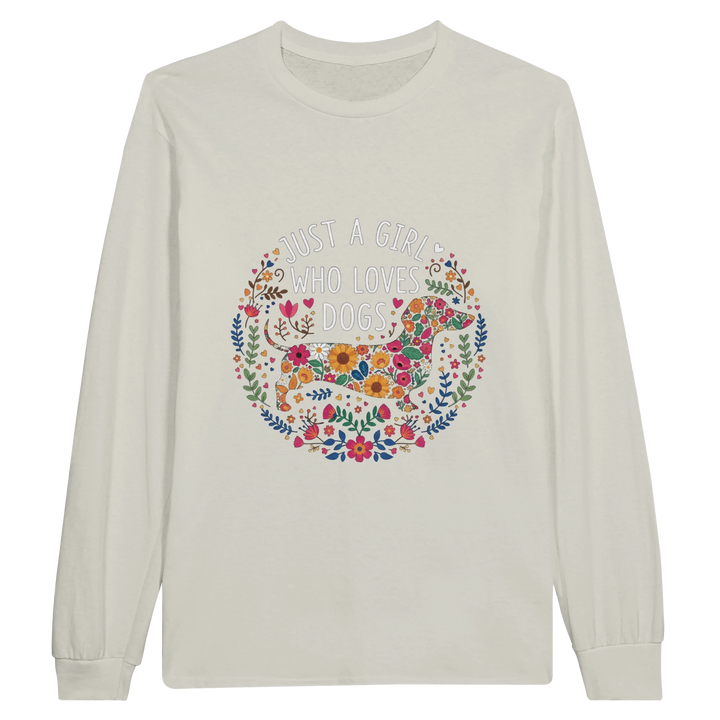 Ash - Just A Girl Who Loves Dogs long sleeve tee, plain front view on white