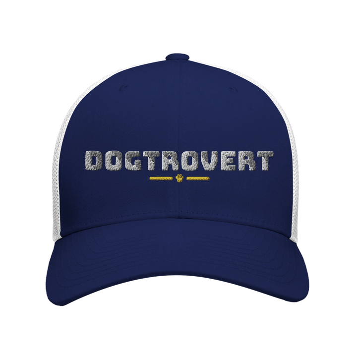 Navy/White - Dogtrovert trucker hat, front view on white