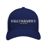 Load image into Gallery viewer, Navy/White - Dogtrovert trucker hat, front view on white
