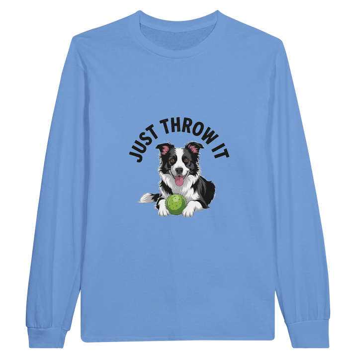 Carolina Blue - Just Throw It Border Collie long sleeve tee, plain front view on white