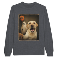 Load image into Gallery viewer, Dark Heather - Ghost Selfie Boo Dog long sleeve tee, plain front view on white
