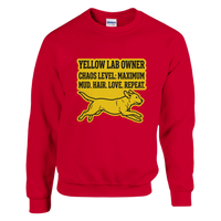 Load image into Gallery viewer, Red - Yellow Lab Chaos Level sweatshirt, plain front view on white
