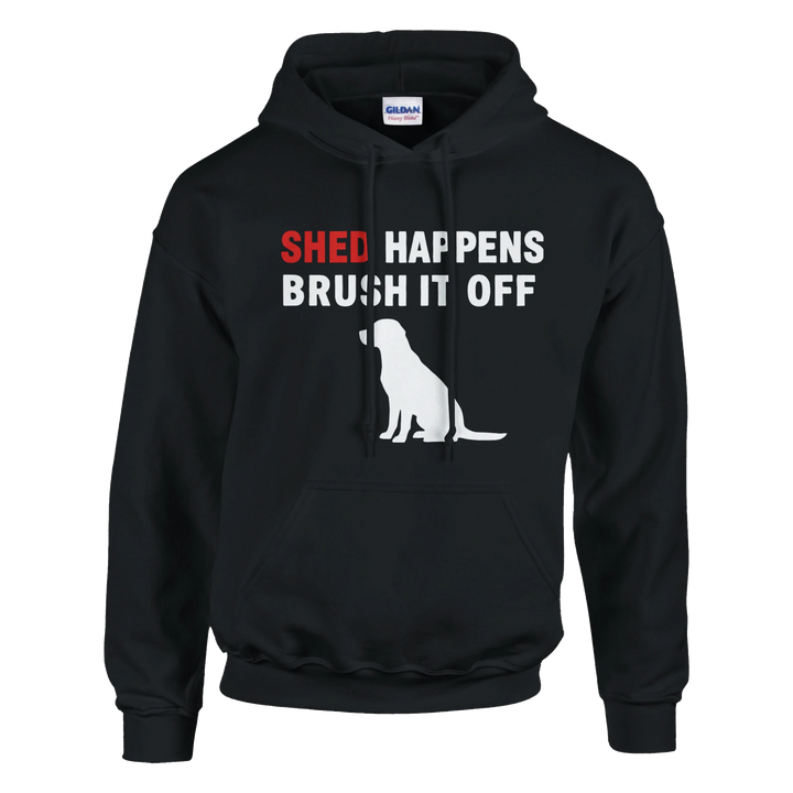 Black - Shed Happens hoodie, plain front view on white