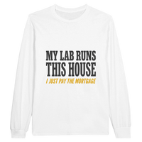 Load image into Gallery viewer, White - My Lab Runs This House long sleeve tee, plain front view on white
