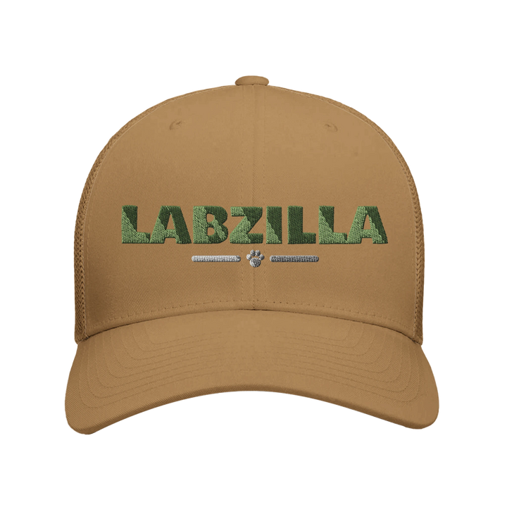 Caramel - Labzilla trucker hat, front view on white