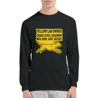 Load image into Gallery viewer, Black - Yellow Lab Chaos Level long sleeve tee, worn by a man, plain light background
