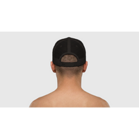 Load image into Gallery viewer, Black/White - Treat Dealer trucker hat, worn by a man, back view showing the mesh and snapback
