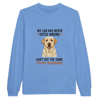 Load image into Gallery viewer, Carolina Blue - My Lab Never Voted Wrong long sleeve tee, plain front view on white
