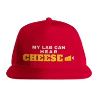 Load image into Gallery viewer, Red - My Lab Can Hear Cheese trucker hat, front view on white
