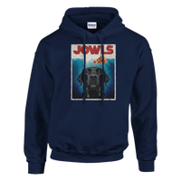 Load image into Gallery viewer, Navy - Jowls Black Lab hoodie, plain front view on white
