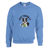 Load image into Gallery viewer, Carolina Blue - Just Throw It Border Collie sweatshirt, plain front view on white
