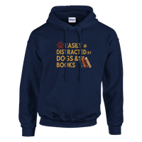 Load image into Gallery viewer, Navy - Easily Distracted by Dogs and Books hoodie, plain front view on white
