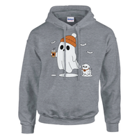 Load image into Gallery viewer, Graphite Heather - Ghost Walking Ghost Dog hoodie, plain front view on white
