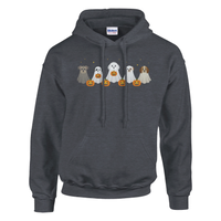 Load image into Gallery viewer, Dark Heather - Dog Ghost Halloween hoodie, plain front view on white
