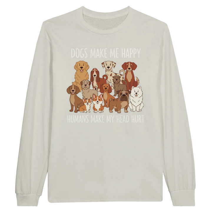Ash - Dogs Make Me Happy long sleeve tee, plain front view on white