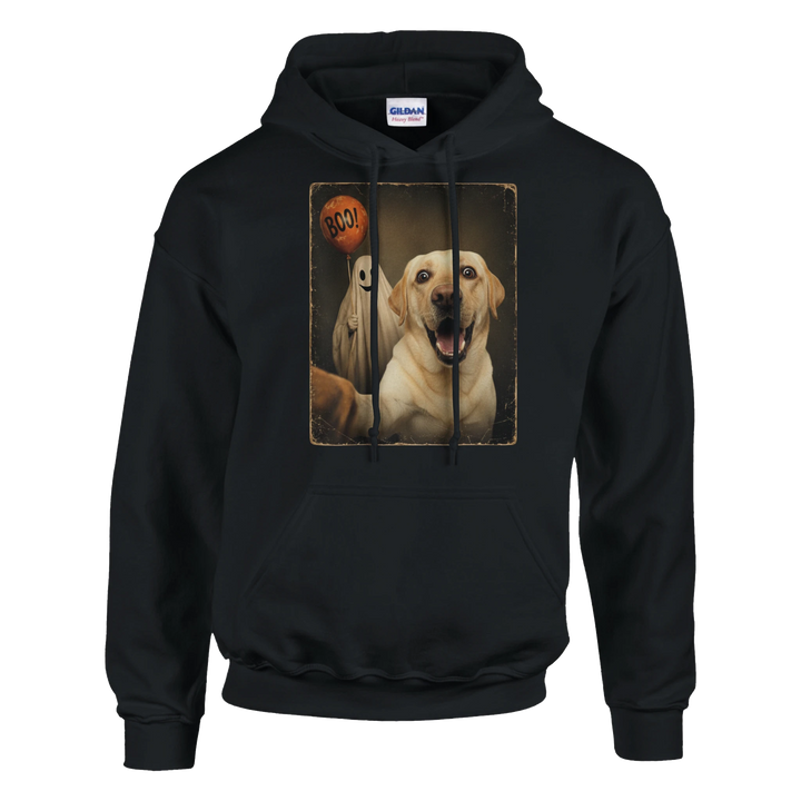 Black - Ghost Selfie Boo Dog hoodie, plain front view on white