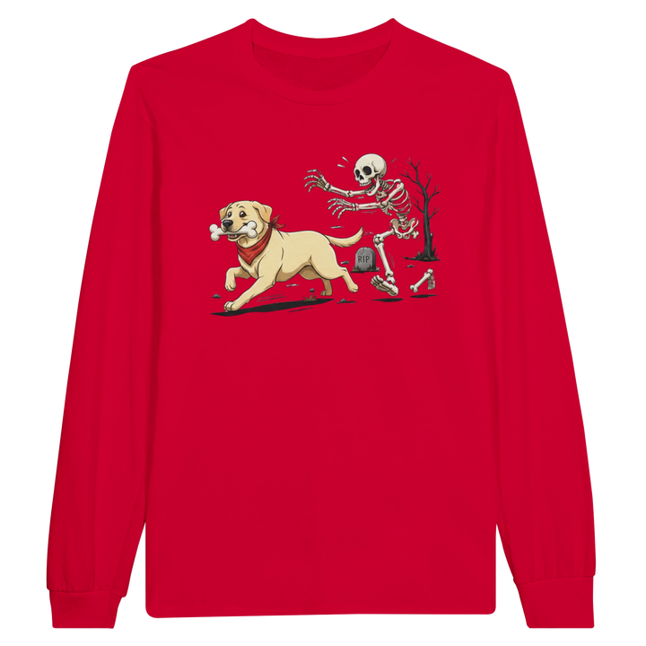 Red - Dog Stealing Bone Halloween long sleeve tee, plain front view on white