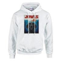 Load image into Gallery viewer, White - Jowls Black Lab hoodie, plain front view on white
