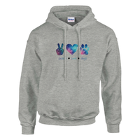 Load image into Gallery viewer, Ash - Peace Love Dogs hoodie, plain front view on white
