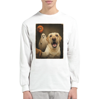Load image into Gallery viewer, White - Ghost Selfie Boo Dog long sleeve tee, worn by a model, plain light background
