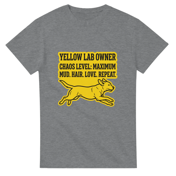 Sport Grey - Yellow Lab Chaos Level tee, plain front view on white