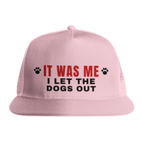 Load image into Gallery viewer, Pink - It Was Me I Let The Dogs Out trucker hat, front view on white
