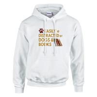Load image into Gallery viewer, White - Easily Distracted by Dogs and Books hoodie, plain front view on white
