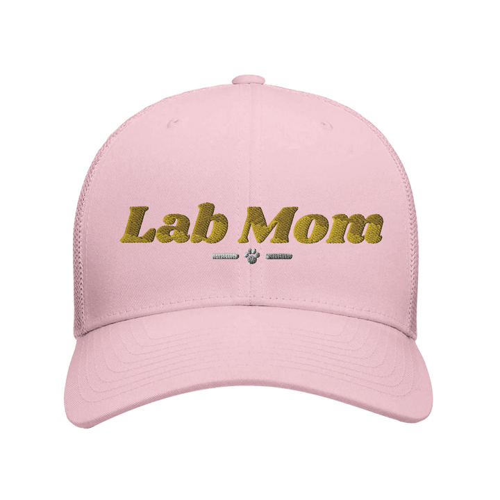 Pink - Lab Mom trucker hat, front view on white