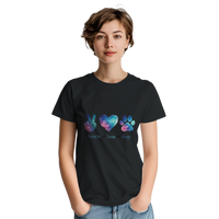 Load image into Gallery viewer, Black - Peace Love Dogs tee, worn by woman, white studio
